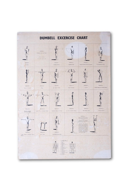 Vintage 1970s dumbbell workout chart on aged cardboard – isolated product photo with no background.