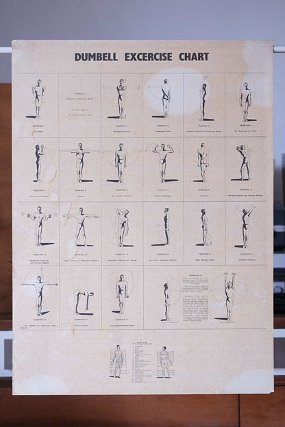 Unframed vintage dumbbell exercise chart from the 1970s on display – shows wear, age spots, and original print.