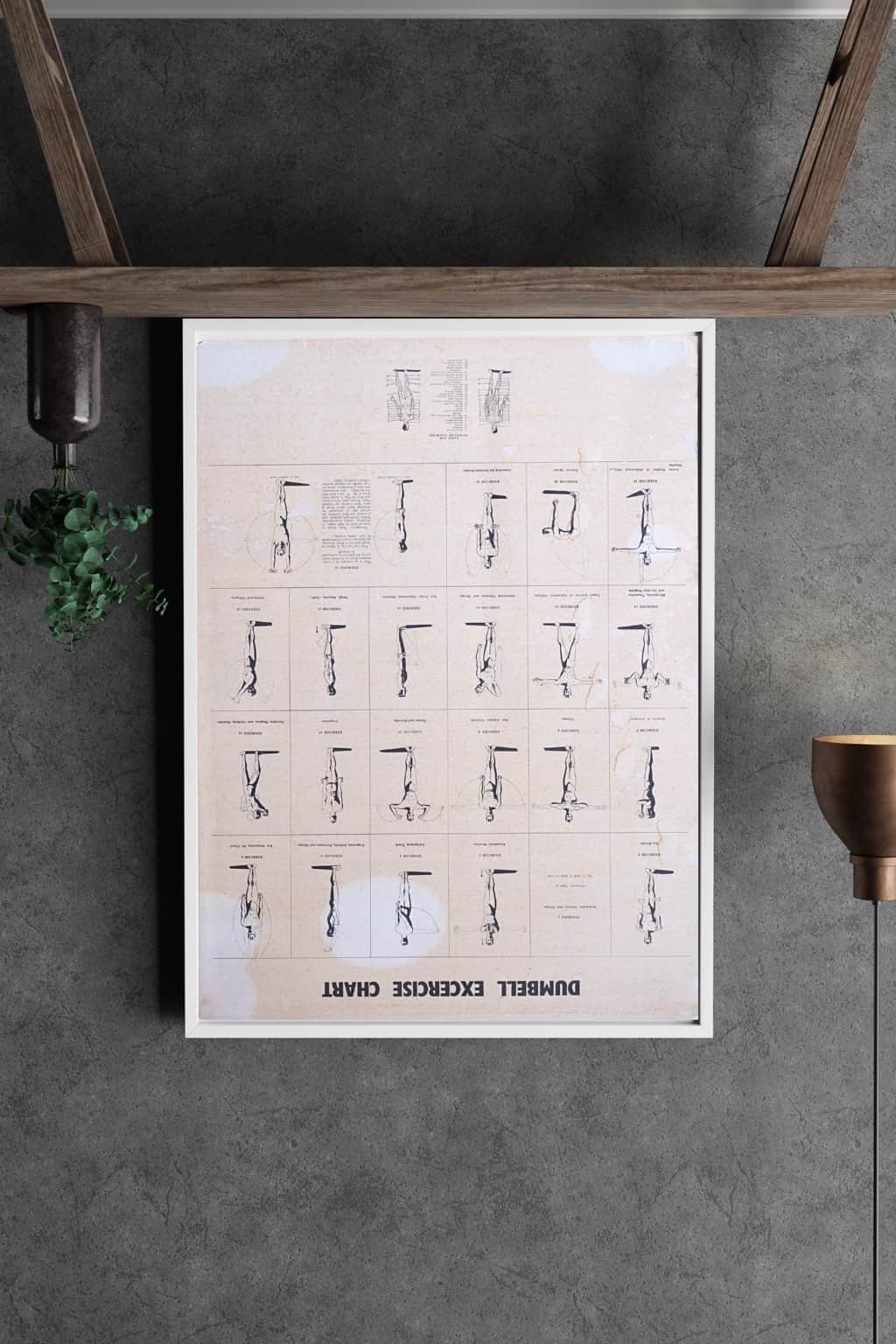 1970s dumbbell workout chart in a white frame on a gray concrete wall – minimalist home gym décor mockup.