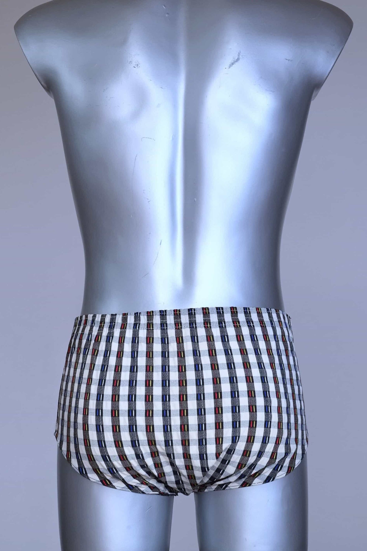 Back view of a vintage late 1950s to early 1960s men's swim brief on a silver mannequin. The brief features a plaid pattern in white, blue, and red, with a small front flap pocket.