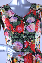 Front bodice of vintage 90s floral maxi dress with mother-of-pearl button closure and V-neckline