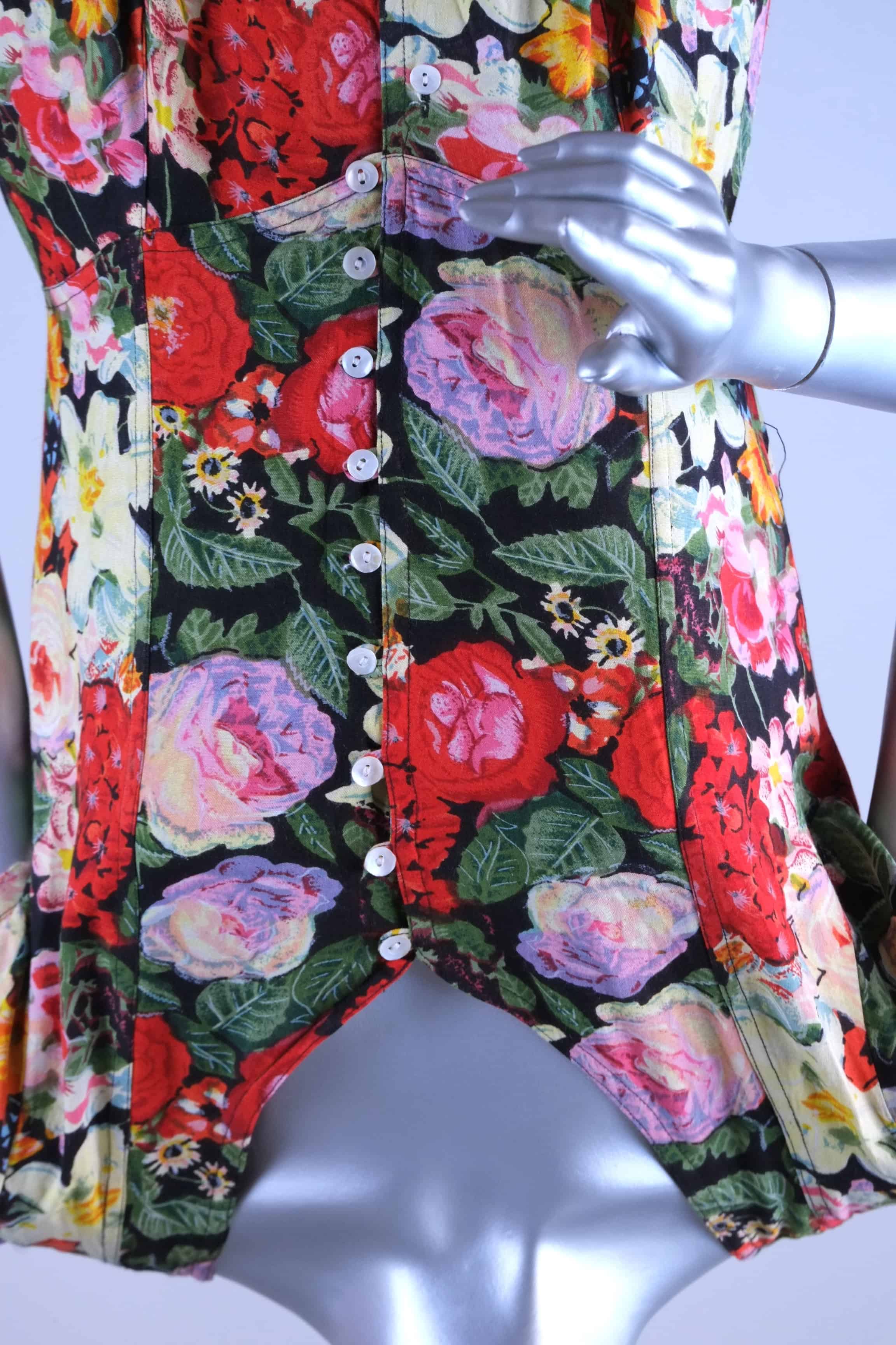 Front bodice of vintage 90s floral maxi dress with mother-of-pearl button closure and V-neckline