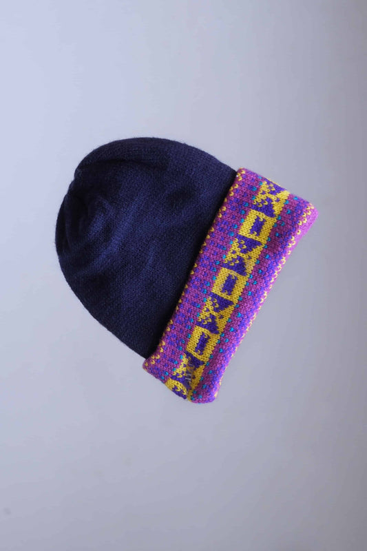 WOOL Kids Beanie in navy and a purple/yellow jacquard cuff