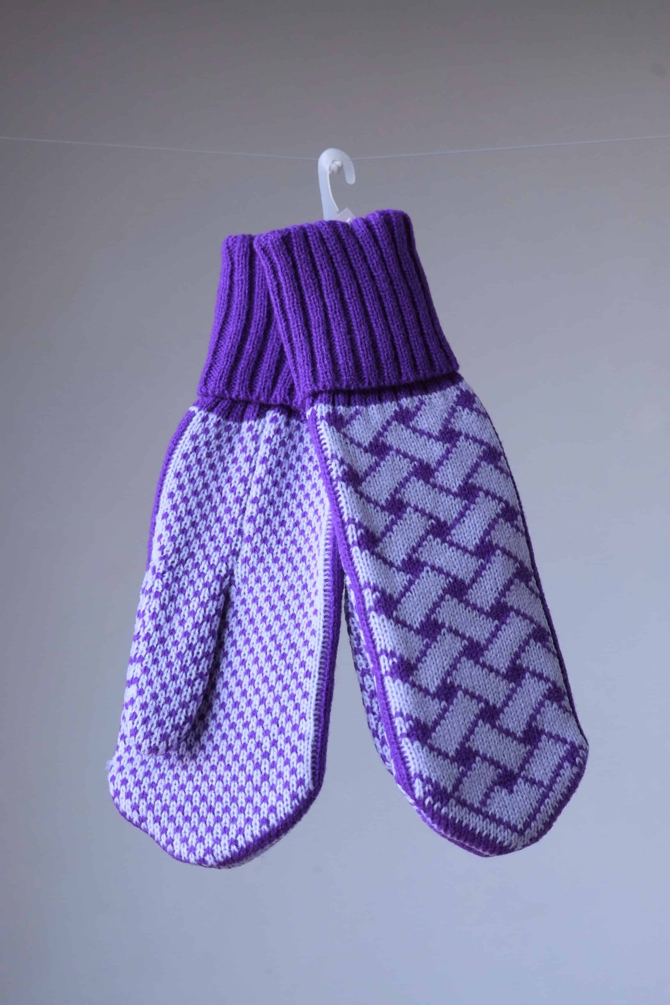 Purple and white wool mittens