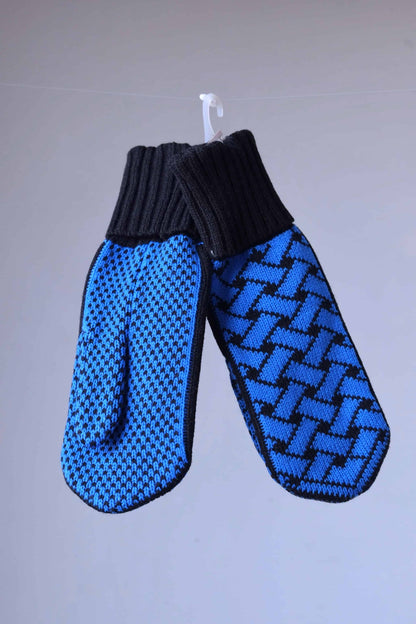 Blue and black wool mittens