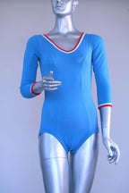 Front view of a blue Zofina Vintage 70s Long Sleeves Leotard displayed on a silver mannequin.