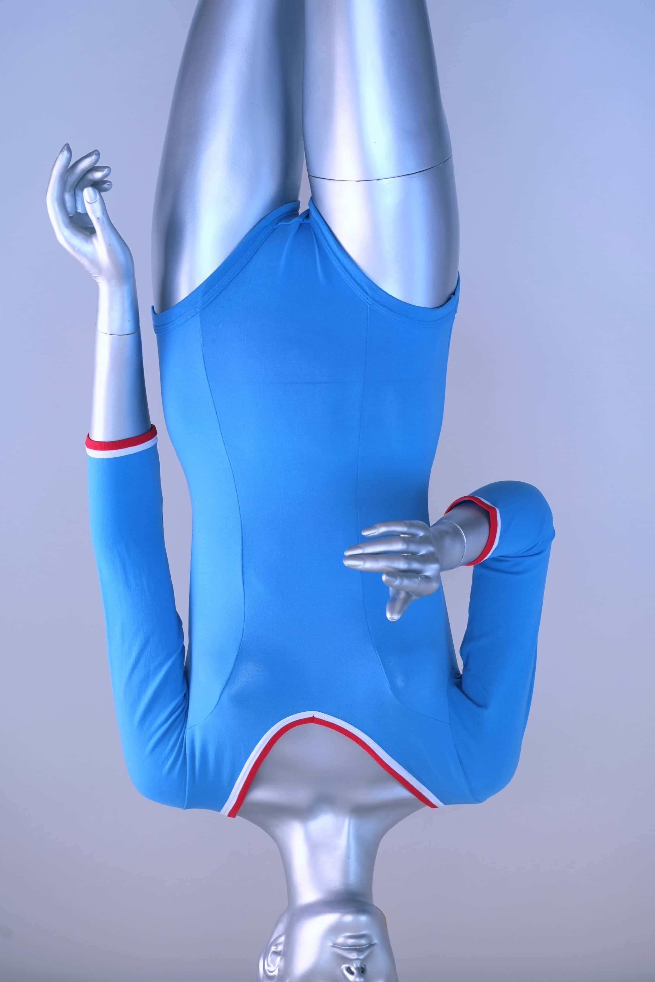 Front view of a blue Zofina Vintage 70s Long Sleeves Leotard displayed on a silver mannequin.