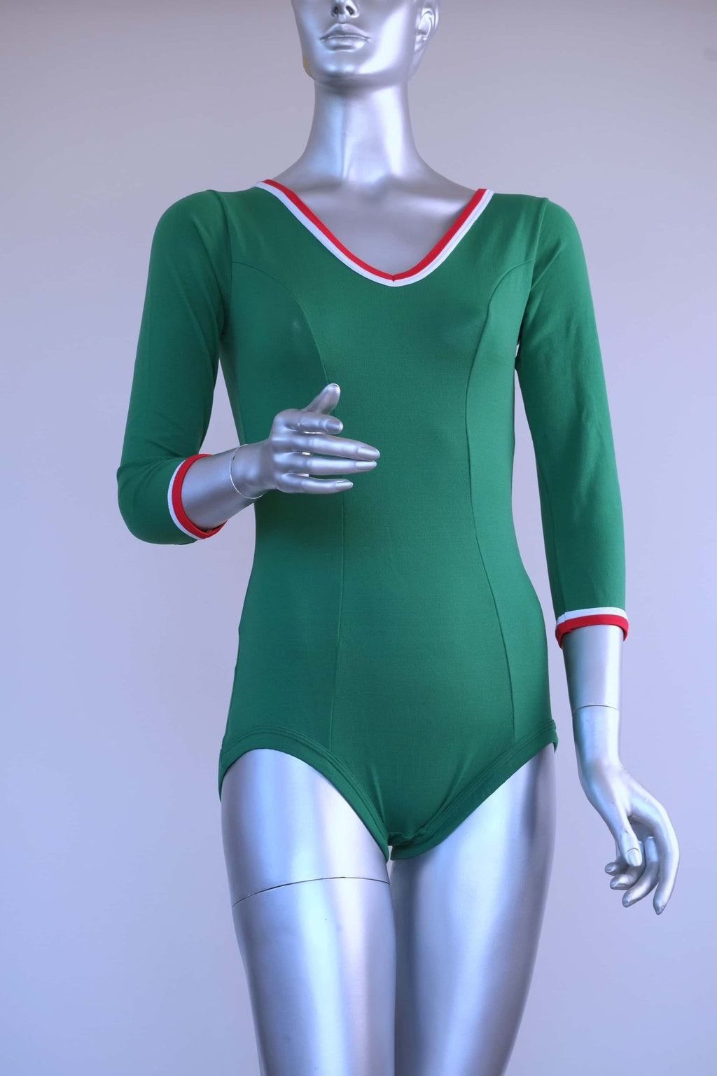Front view of a green Zofina Vintage 70s Long Sleeves Leotard displayed on a silver mannequin.