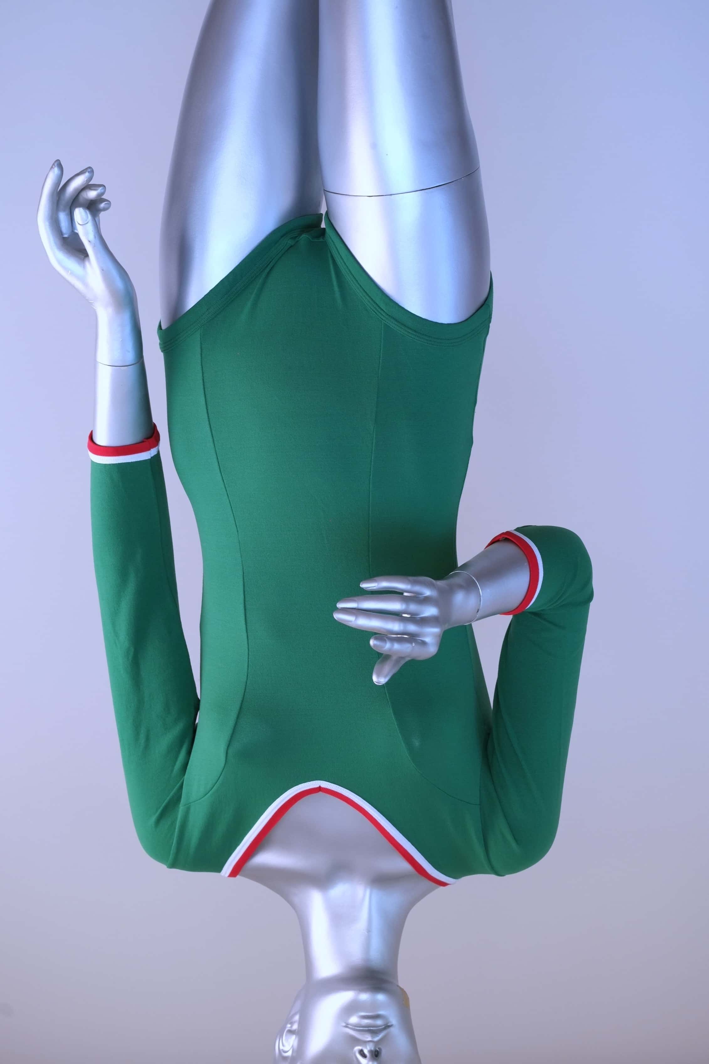 Front view of a green Zofina Vintage 70s Long Sleeves Leotard displayed on a silver mannequin.