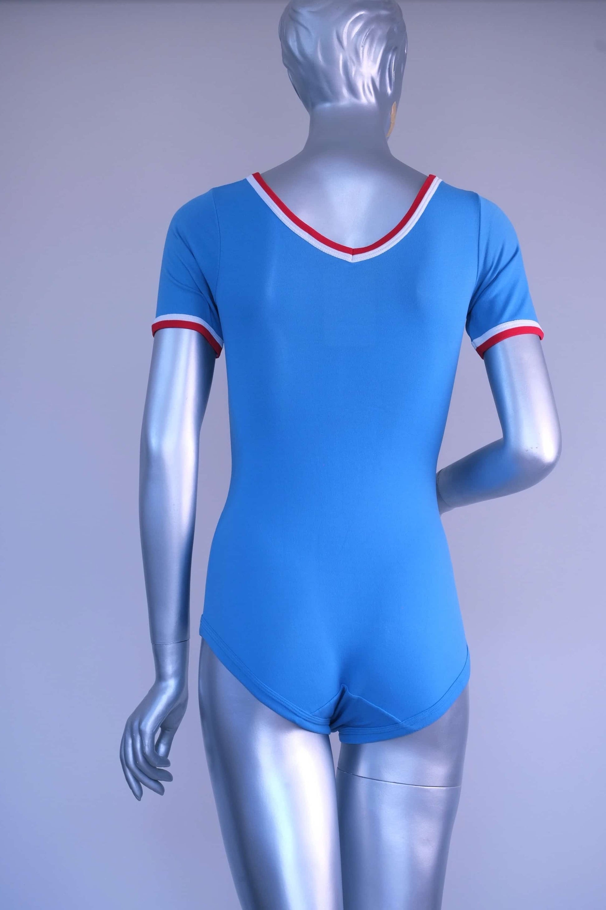Back view of a blue Zofina Vintage 70s Short Sleeves Leotard displayed on a silver mannequin.