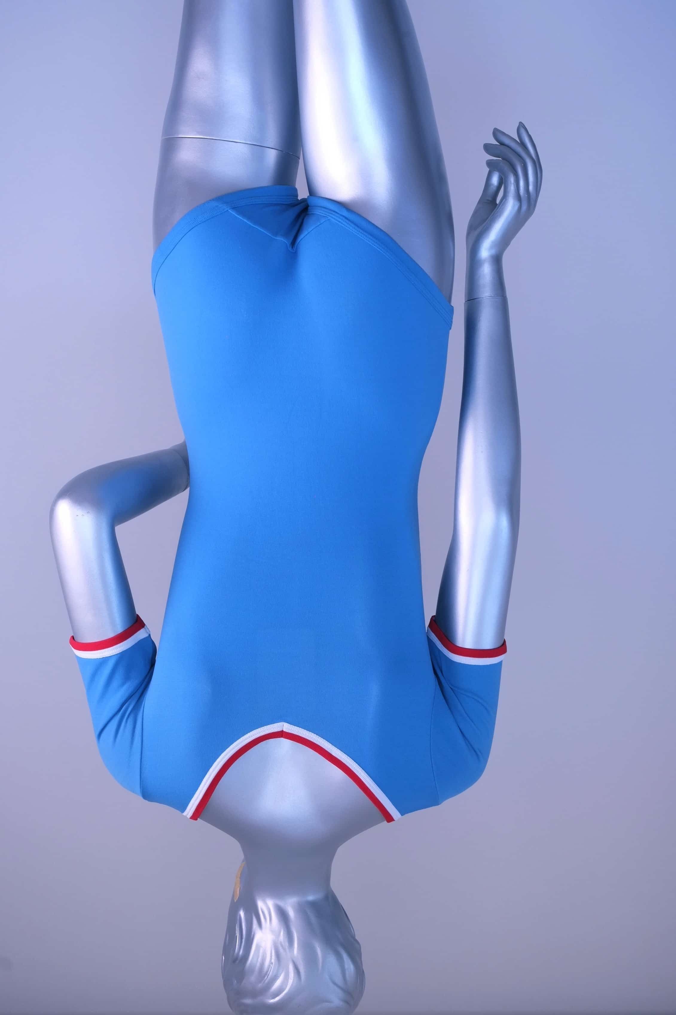 Back view of a blue Zofina Vintage 70s Short Sleeves Leotard displayed on a silver mannequin.