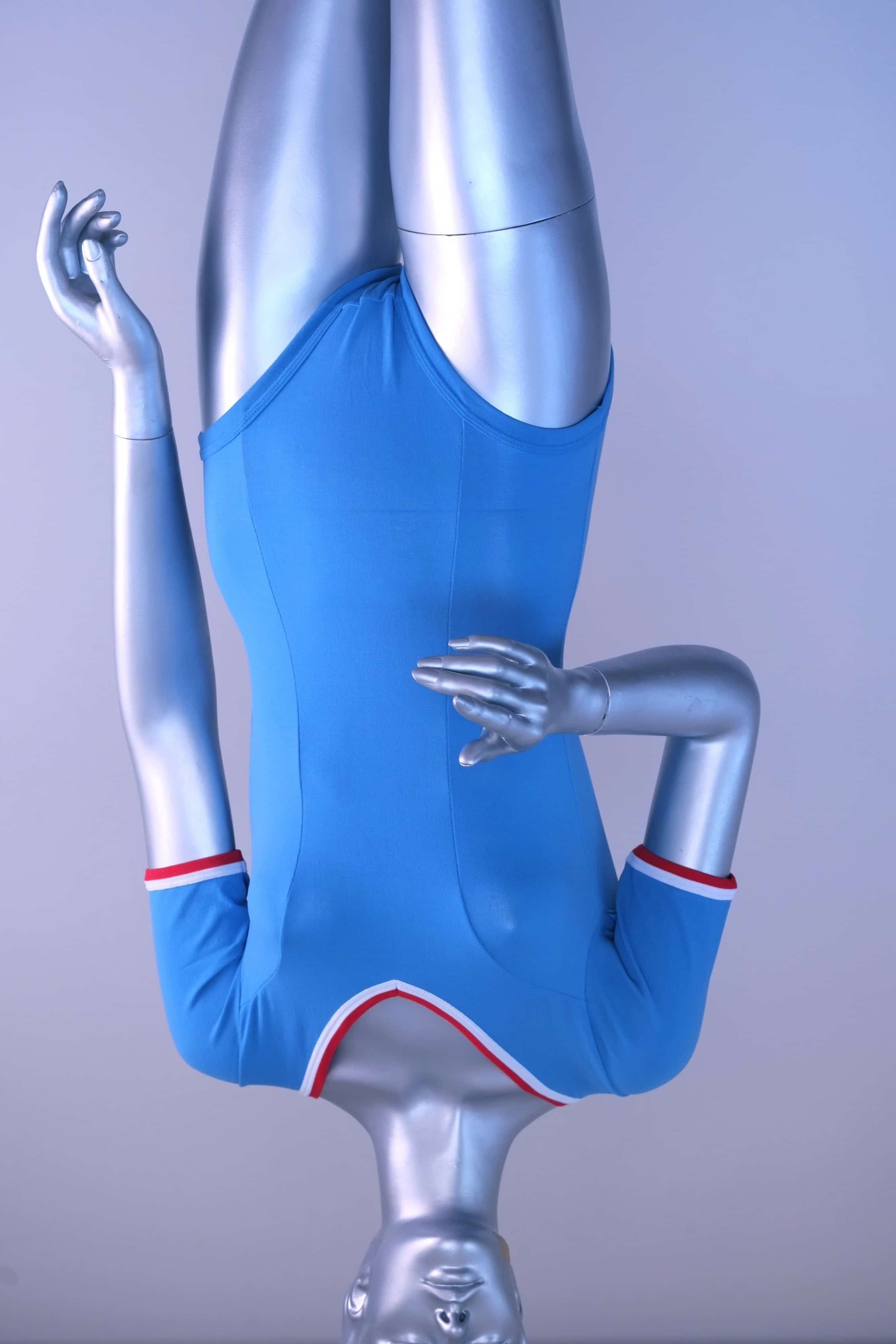 Front view of a blue Zofina Vintage 70s Short Sleeves Leotard displayed on a silver mannequin.