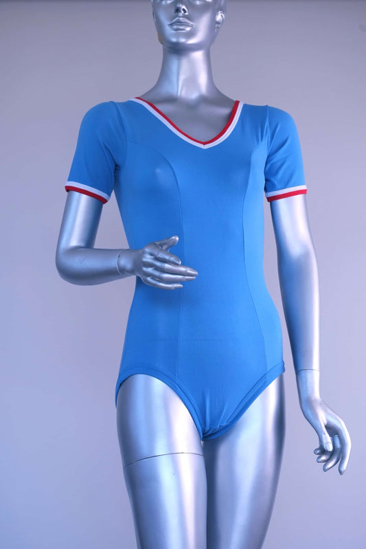 Front view of a blue Zofina Vintage 70s Short Sleeves Leotard displayed on a silver mannequin.