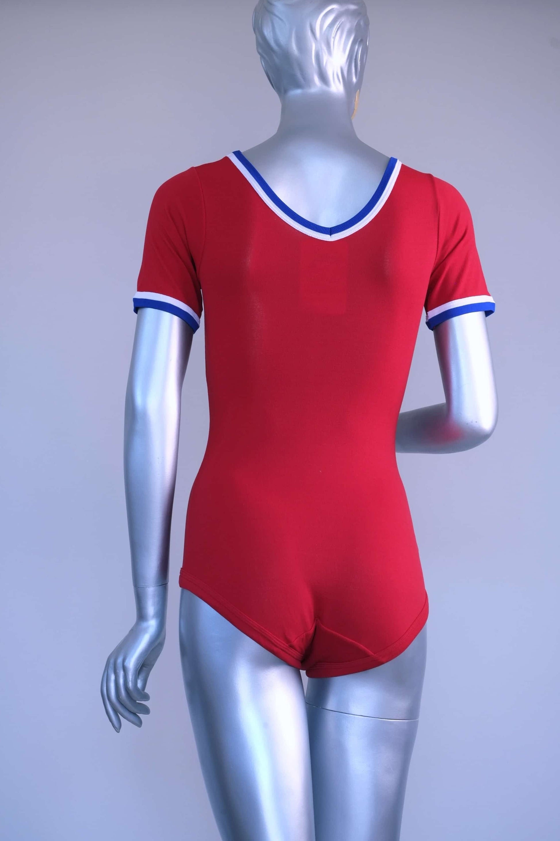 Back view of a blue Zofina Vintage 70s Short Sleeves Leotard displayed on a silver mannequin.