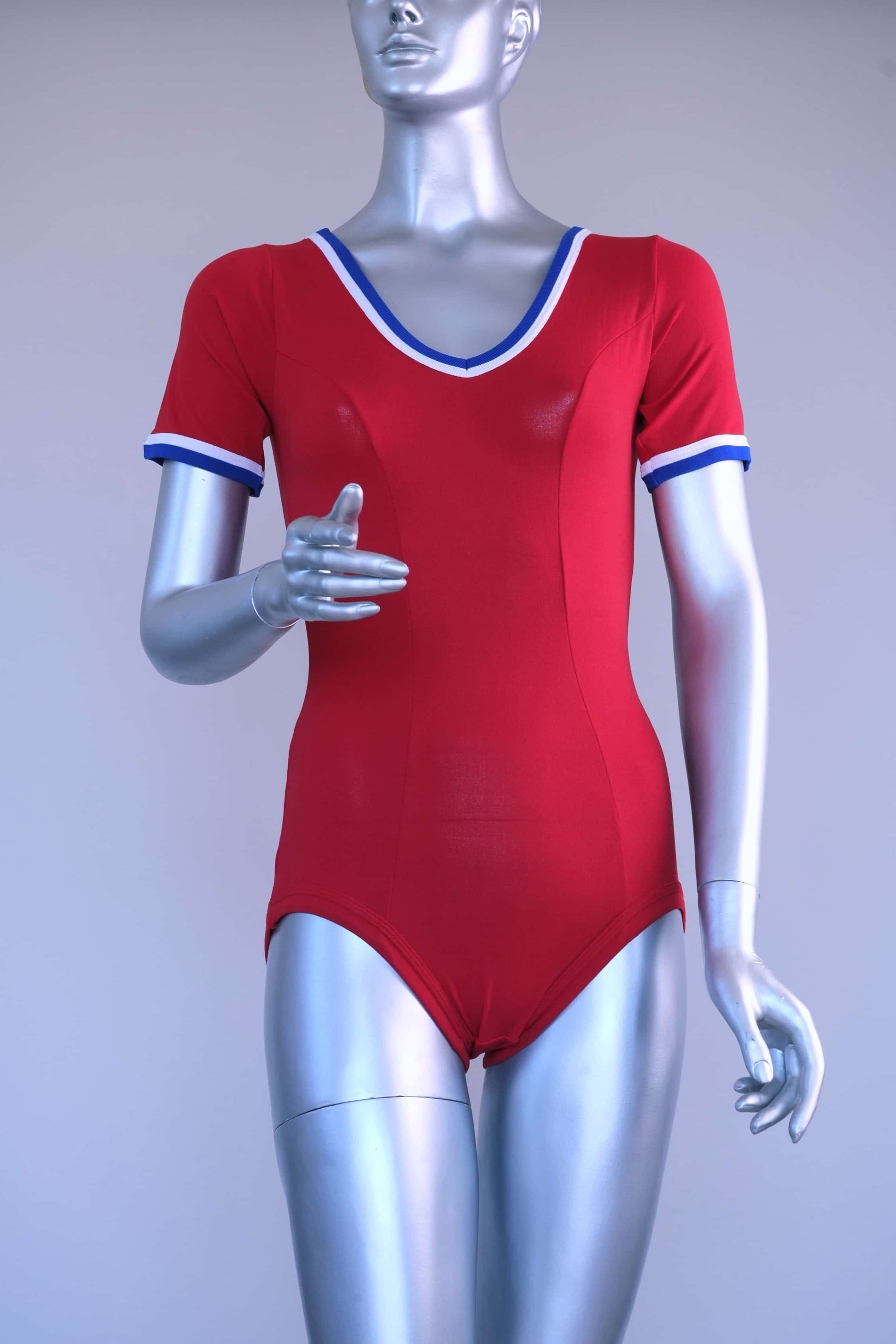 Front view of a red Zofina Vintage 70s Short Sleeves Leotard displayed on a silver mannequin.