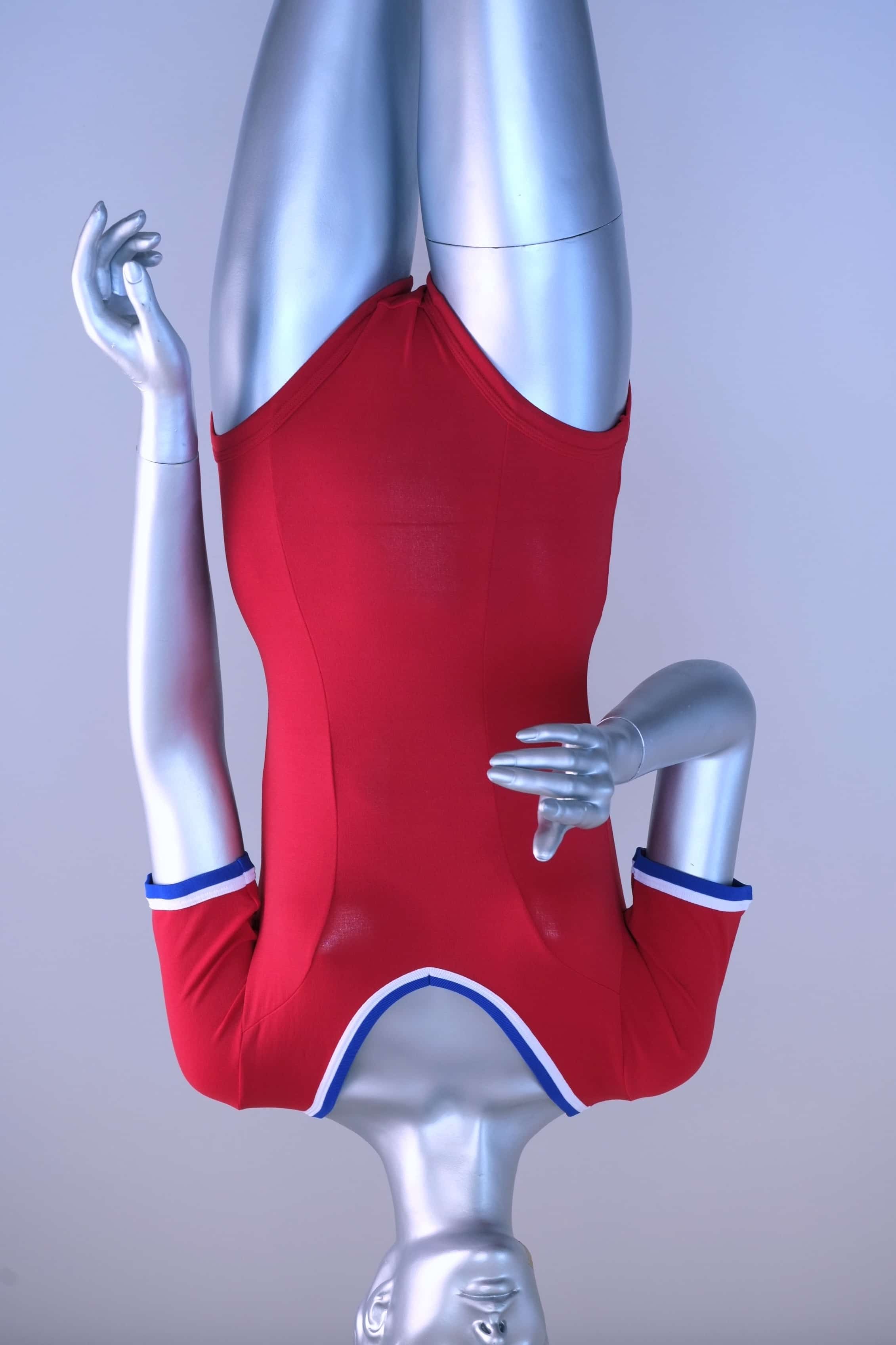 Front view of a red Zofina Vintage 70s Short Sleeves Leotard displayed on a silver mannequin.