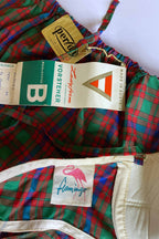 Detail shot of the vintage bikini showing the stitched pink Flamingo woven label alongside original paper Vorsteher and Perlon paper hang tags.