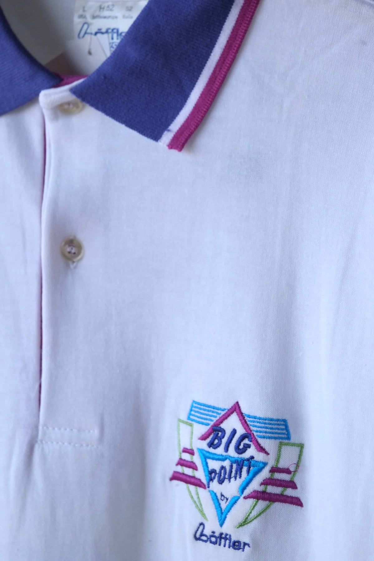 Close-up of embroidered Big Point by Löffler logo in blue, magenta and sage on the chest of a white 90s polo