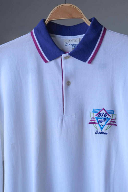 Close-up of royal purple collar with magenta and white tipping, two-button placket and embroidered Big Point logo on a white Löffler polo