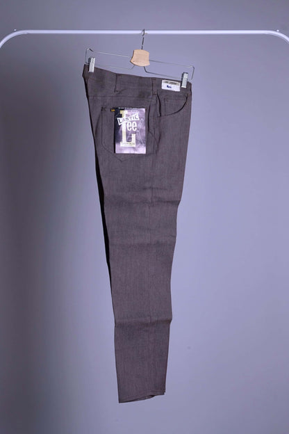 Vintage 1970s Lee Leens trousers in heathered brown stretch fabric, displayed flat with 'Lee Leens' pocket tag.