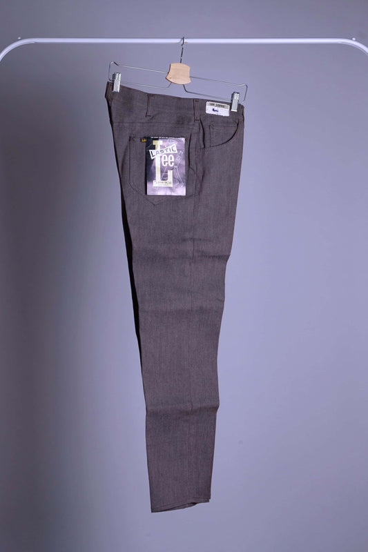Vintage 1970s Lee Leens trousers in heathered brown stretch fabric, displayed flat with 'Lee Leens' pocket tag.