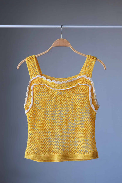 Hand Crocheted 70's Tank Top yellow and white