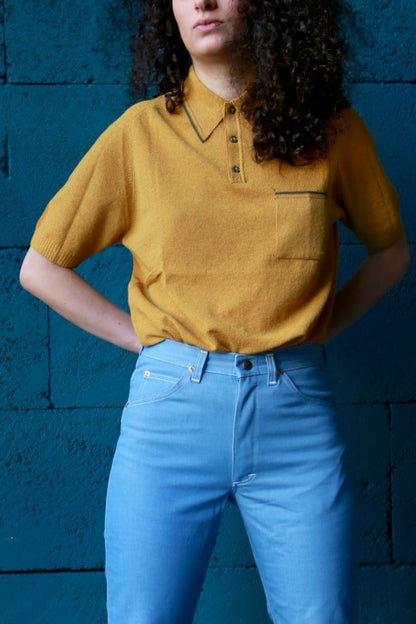 70's Mousse Knit Polo Shirt mustard on model