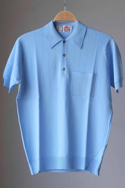70's Knit Ribbed Polo Shirt BLUE