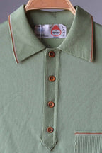 70's Knitted Striped Polo Shirt moss green close up