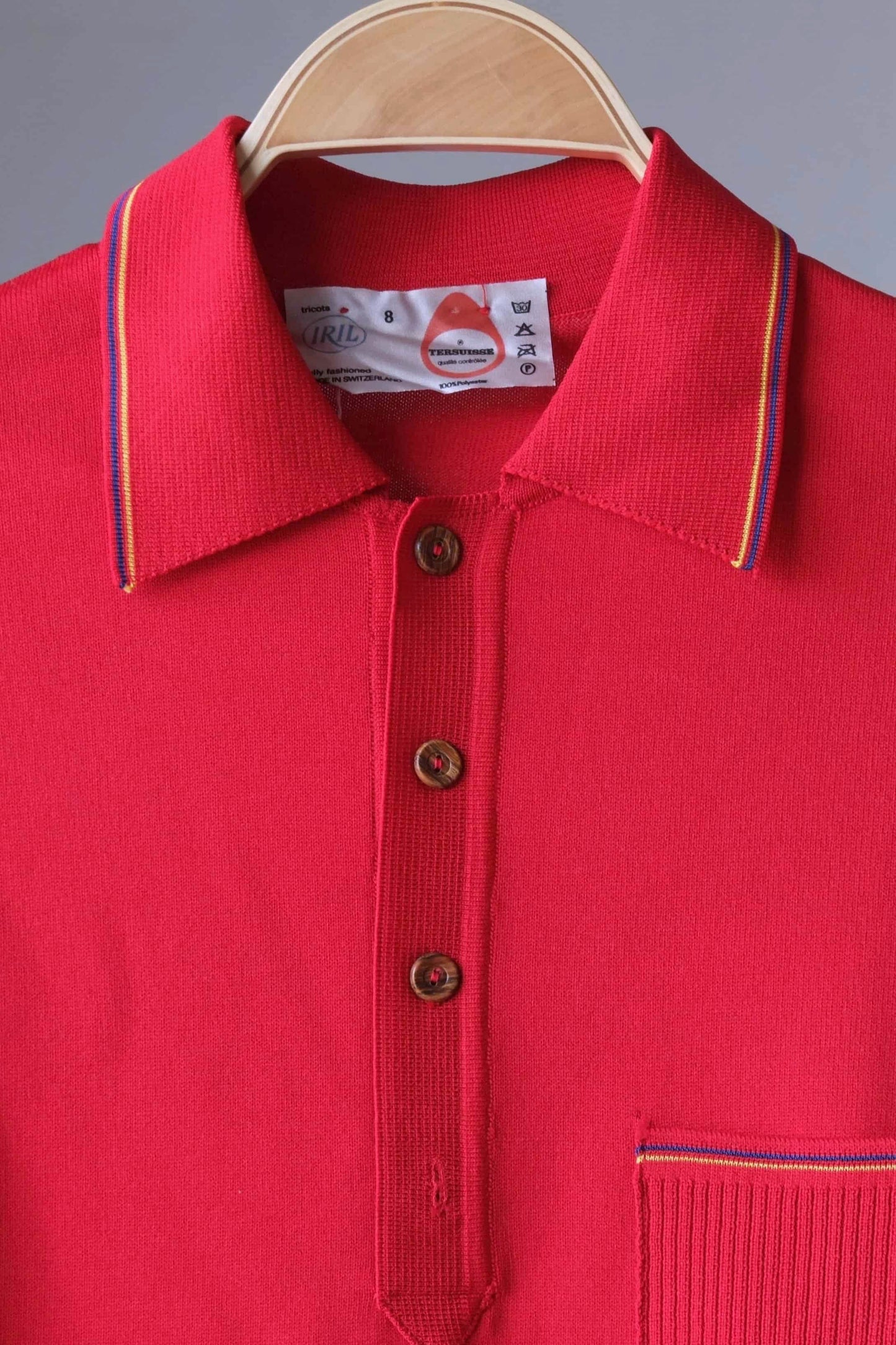 70's Knitted Striped Polo Shirt red close up