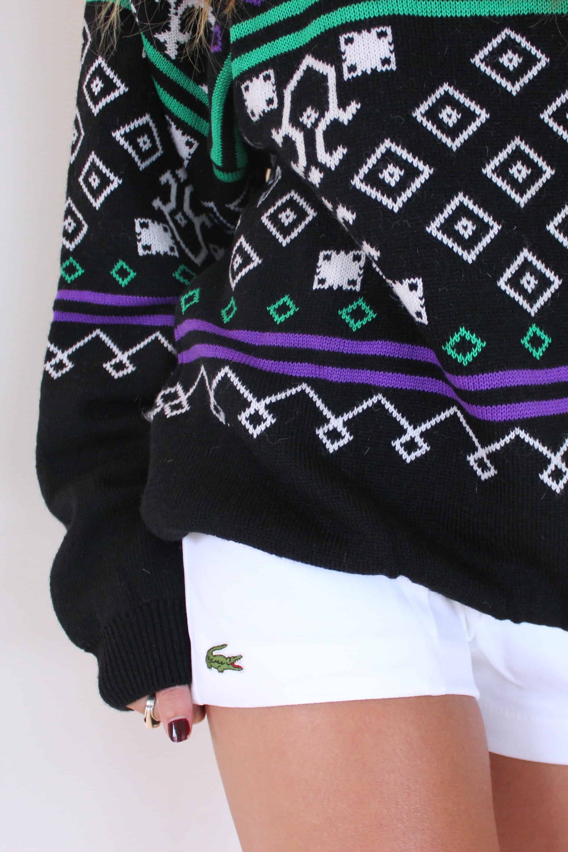 Vintage Mohair Jacquard 90's Sweater black green purple white on model