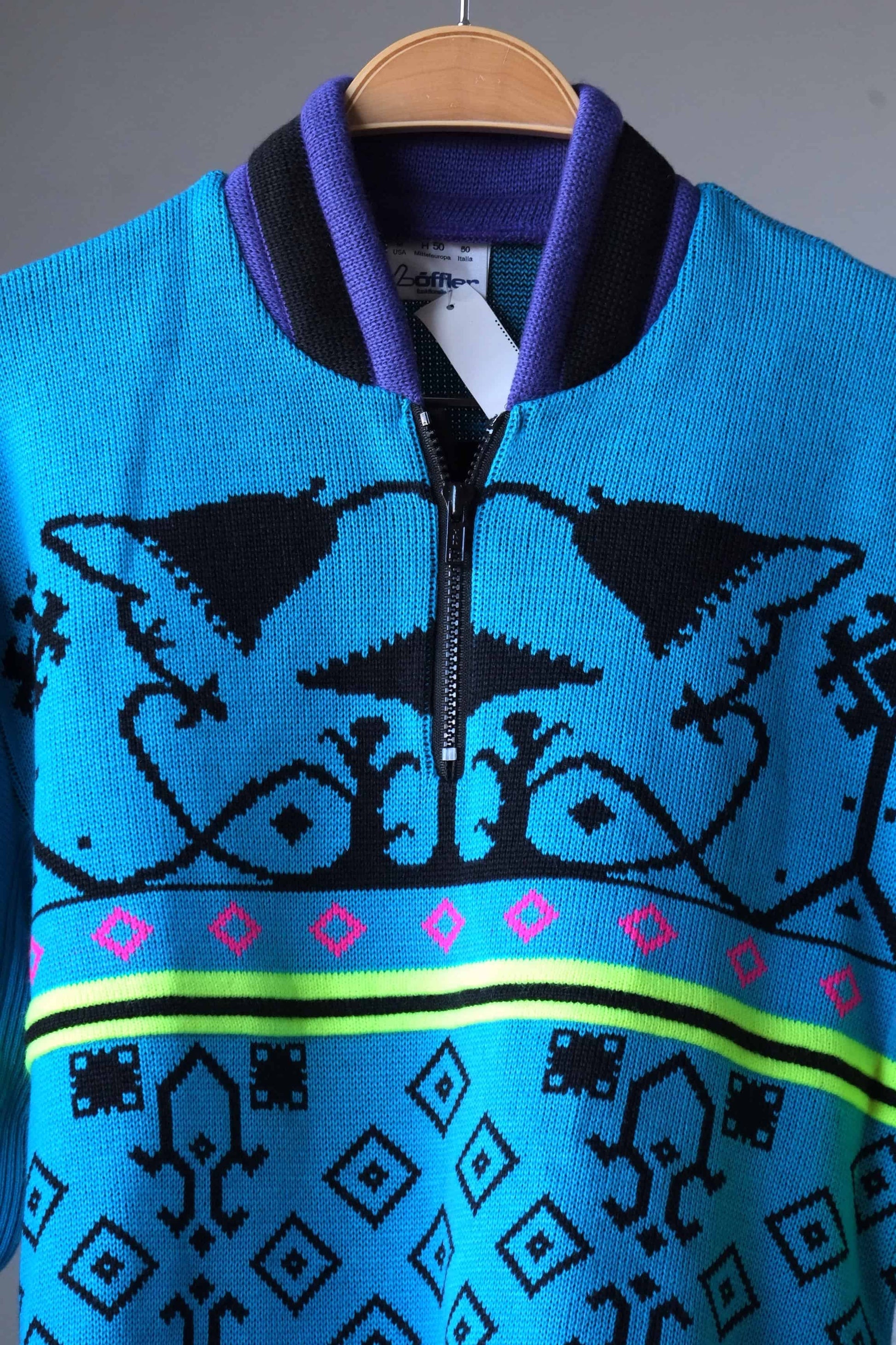 Vintage 90's Neon Jacquard Ski Sweater blue close up