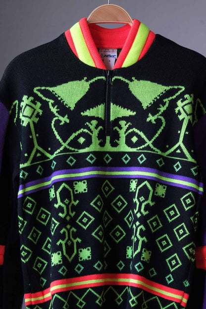 Vintage 90's Neon Jacquard Ski Sweater black close up
