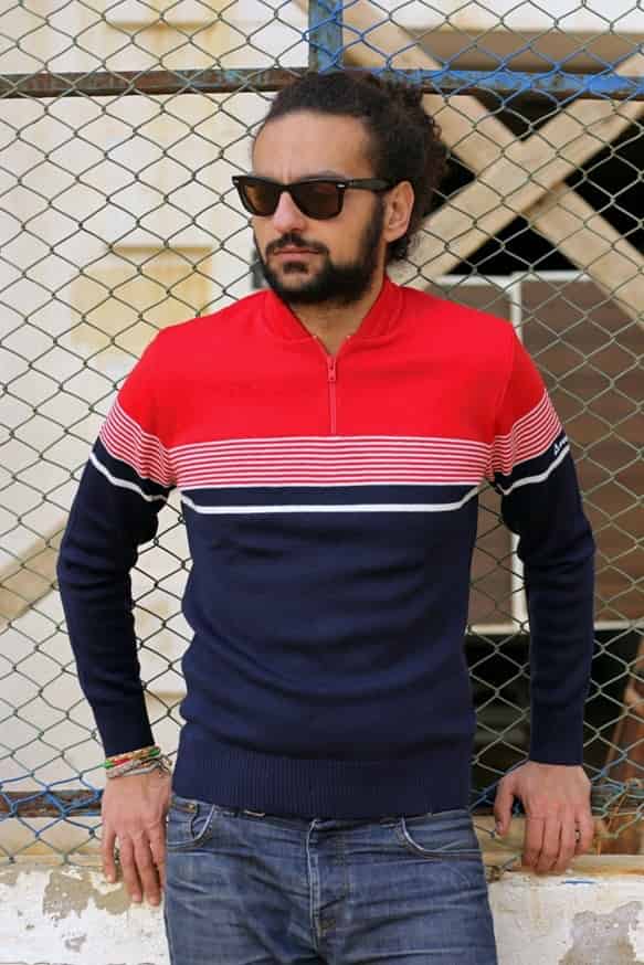 Vintage LÖFFLER Fischer 80's Sweater red navy on model