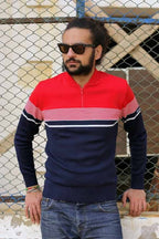 Vintage LÖFFLER Fischer 80's Sweater red navy on model