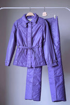 Purple Mossant Vintage 70s women's 2-piece ski suit on hanger