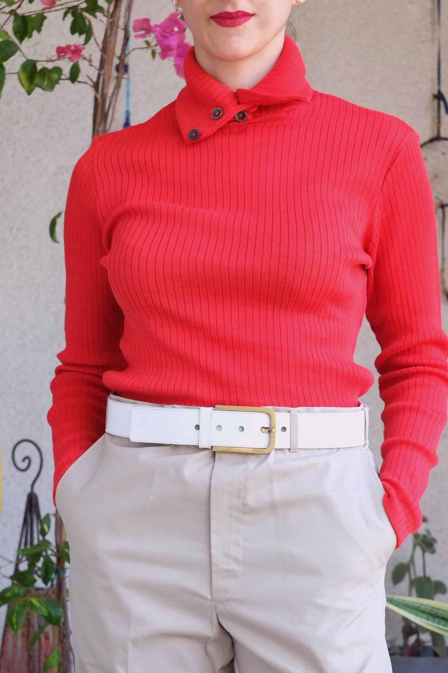70's Rollneck Button Ribbed Sweater red on model