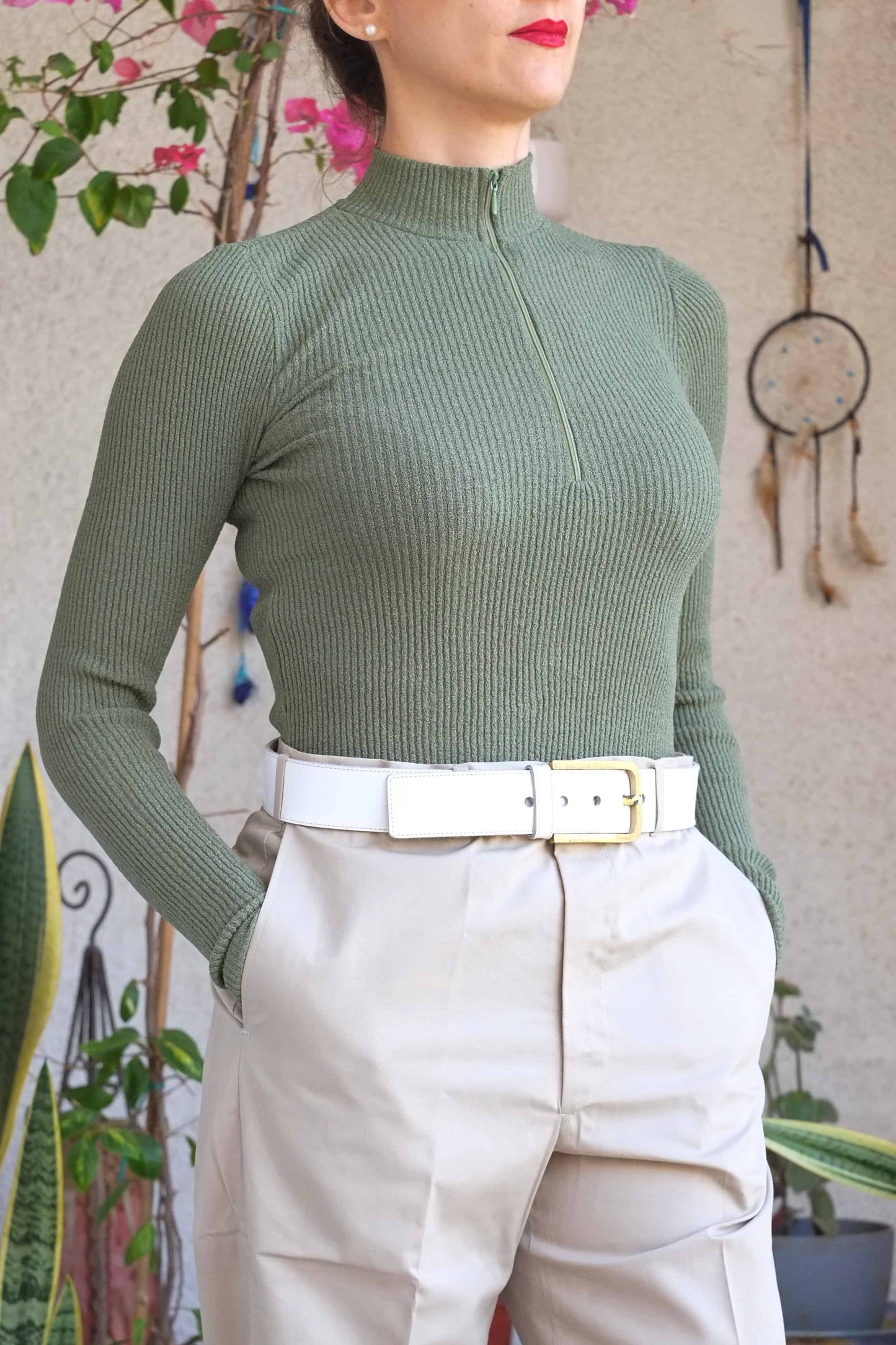 70's Zip Neck Sweater olive color on model