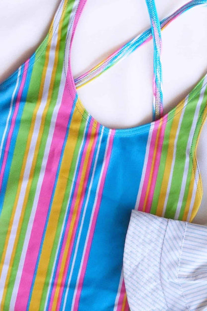 70's multi color Striped Girls Swimsuit up close