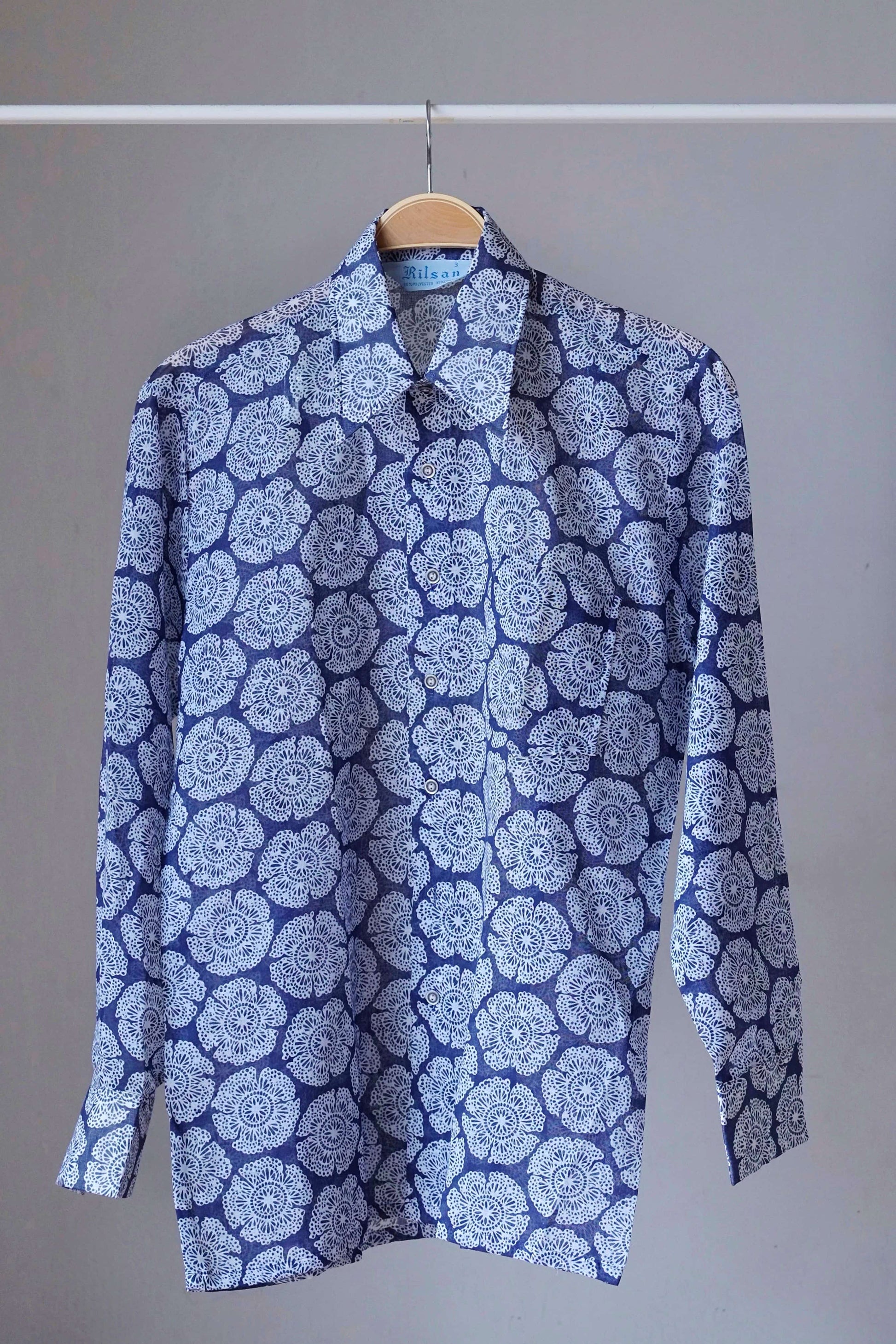vintage flower print long sleeves 70s shirt navy