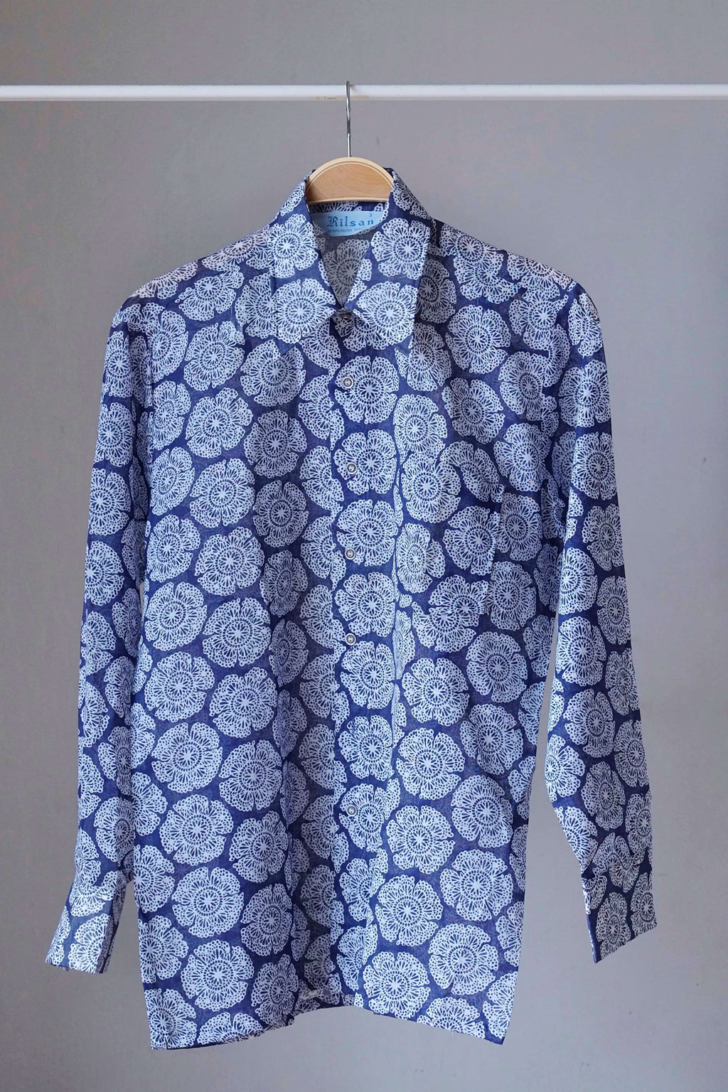 vintage flower print long sleeves 70s shirt navy