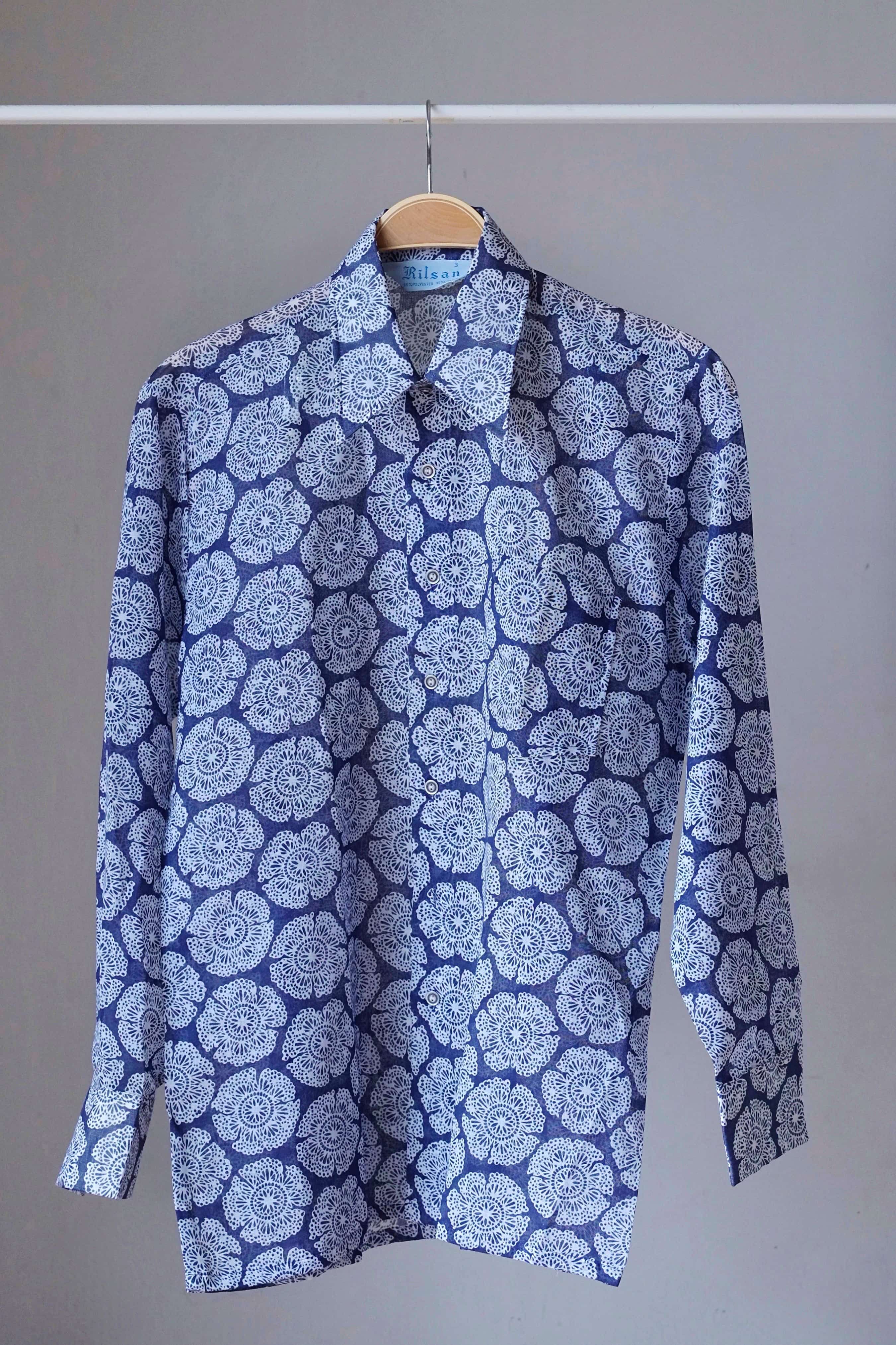 vintage flower print long sleeves 70s shirt navy