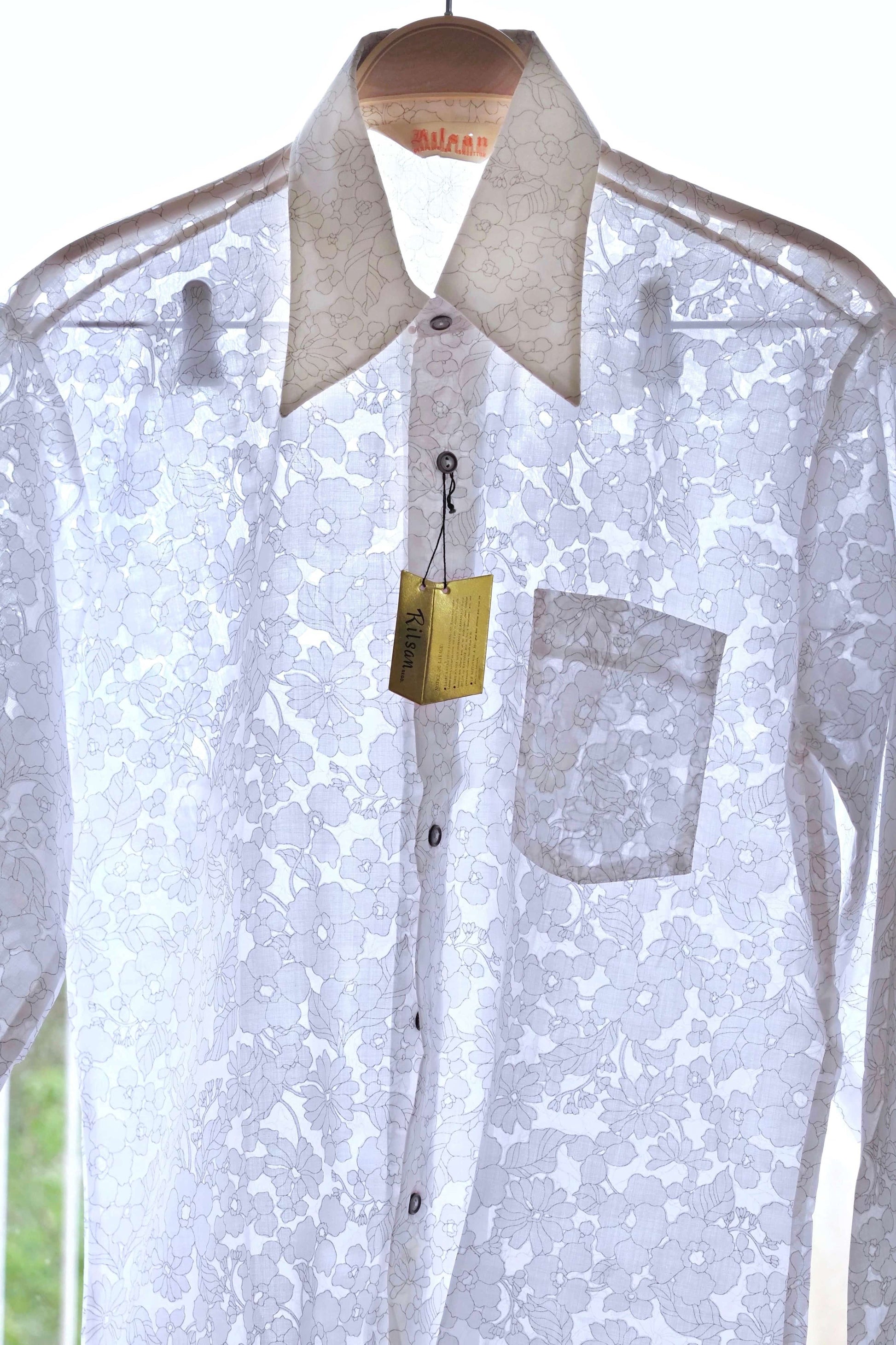 vintage see through white flower print 70s shirt
