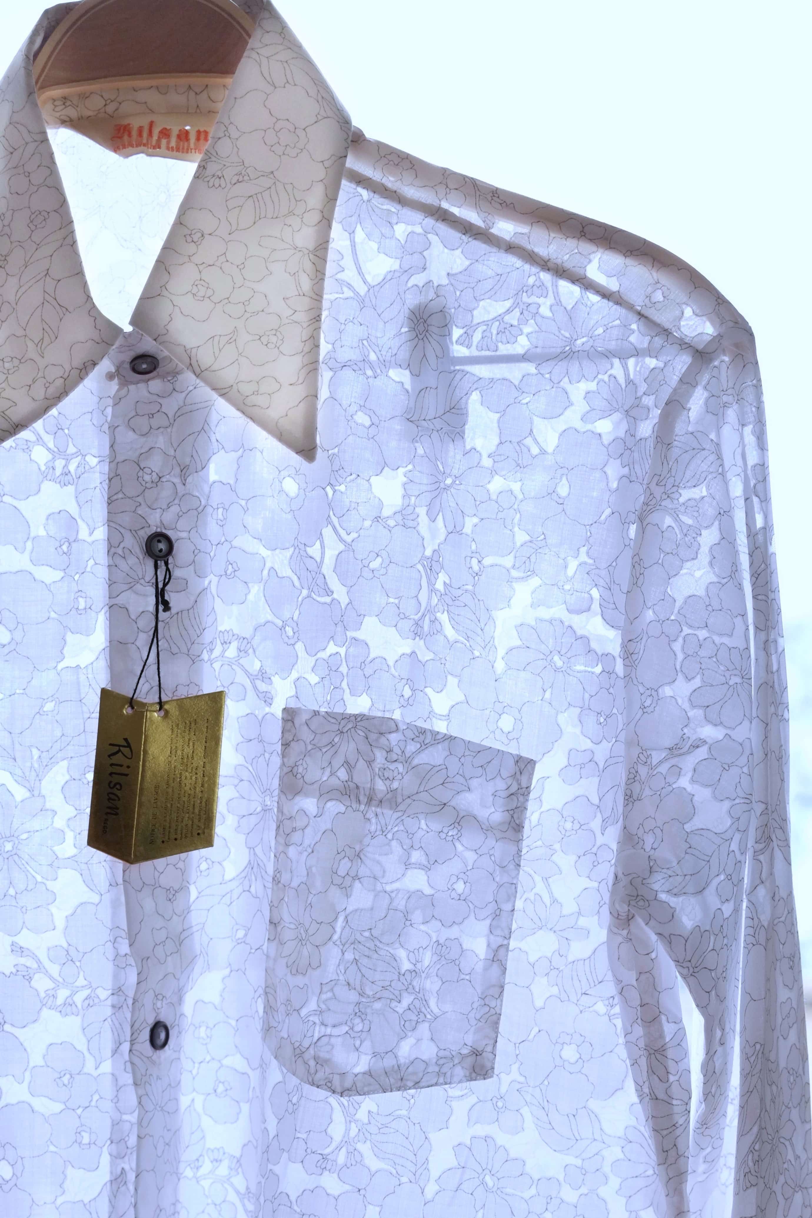 vintage see through white flower print 70s shirt