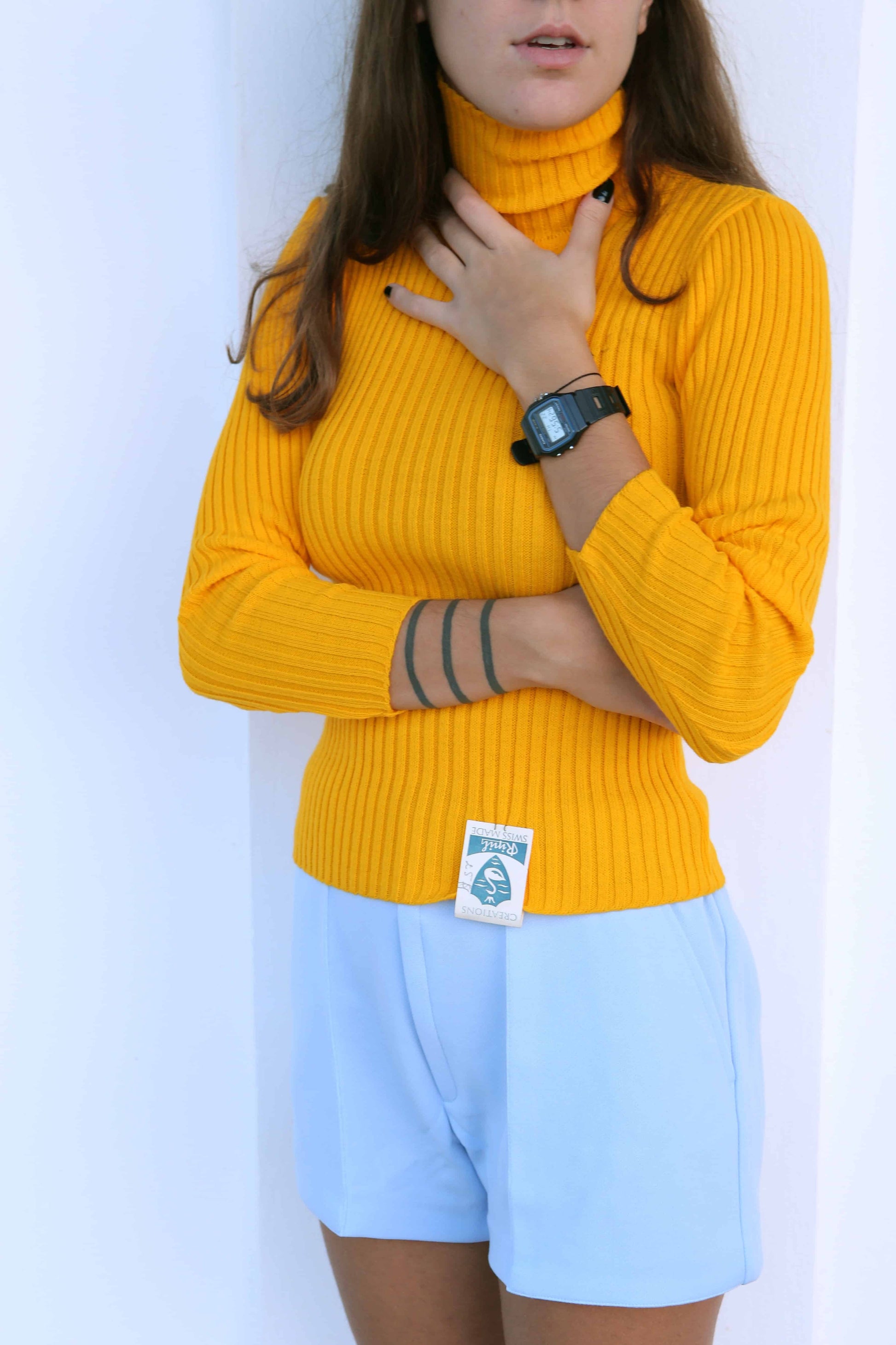 70's Ribbed Rollneck Women's Sweater yellow on model