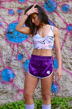 Vintage Satin 80's Jogging Shorts purple on model